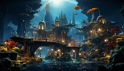 Futuristic underwater city with bubble-like structures, bioluminescent plants, submarines, and diverse marine life swimming around.