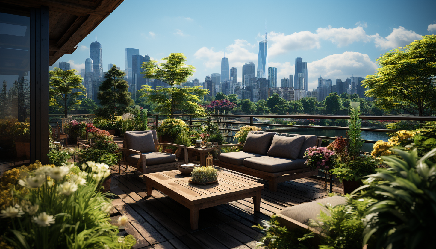 Rooftop garden in a modern city, with lush greenery, comfortable seating, skyscrapers in the background, and a small pond.