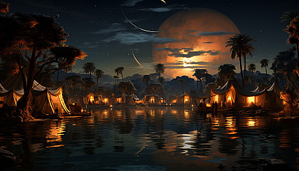 Desert oasis at night, under a star-filled sky, with palm trees, a tranquil pond, Bedouin tents, and camels resting nearby.
