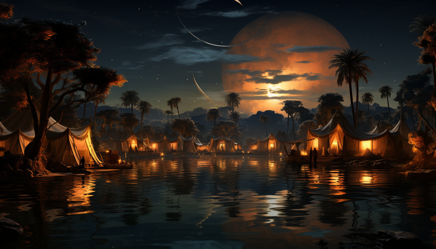 Desert oasis at night, under a star-filled sky, with palm trees, a tranquil pond, Bedouin tents, and camels resting nearby.