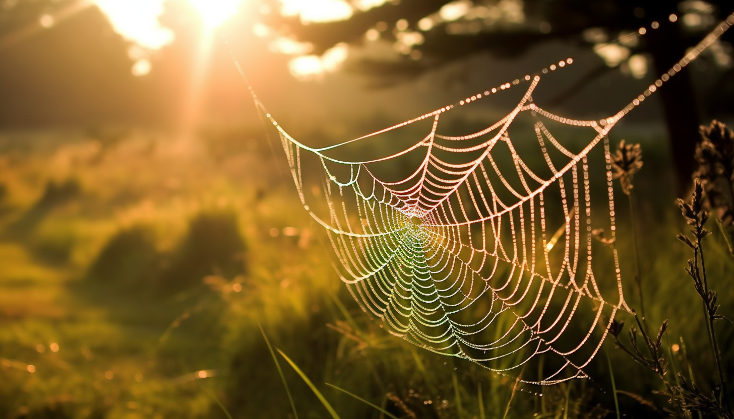 Dew-covered spiderwebs glistening in the morning sun.