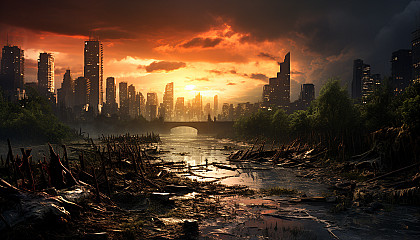 Apocalyptic cityscape with overgrown buildings, nature reclaiming the land, survivors in makeshift shelters, and a dramatic sky.