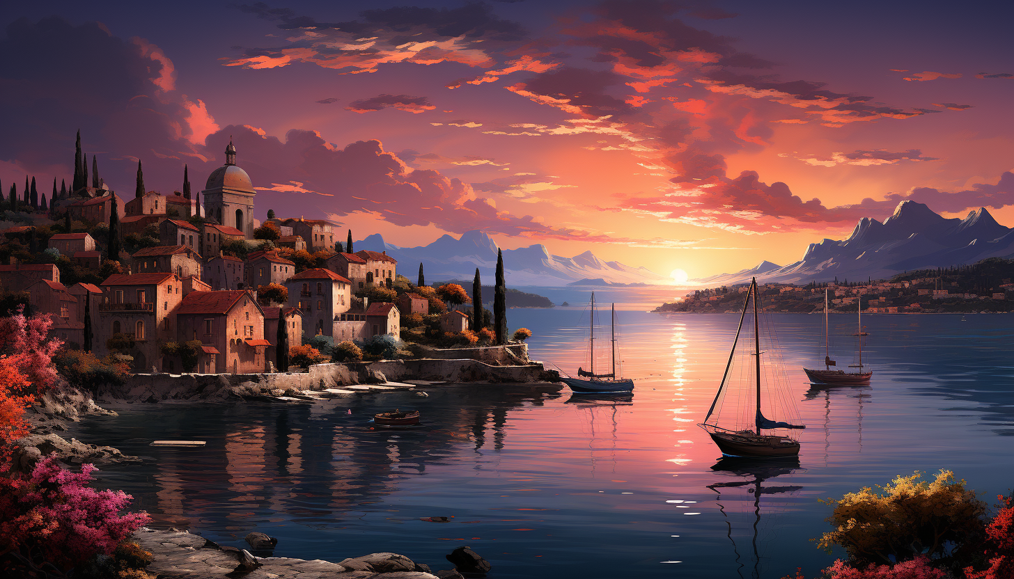 Mediterranean coastal village at sunset, white-washed houses, terracotta roofs, sailboats in the harbor, and blooming bougainvillea.