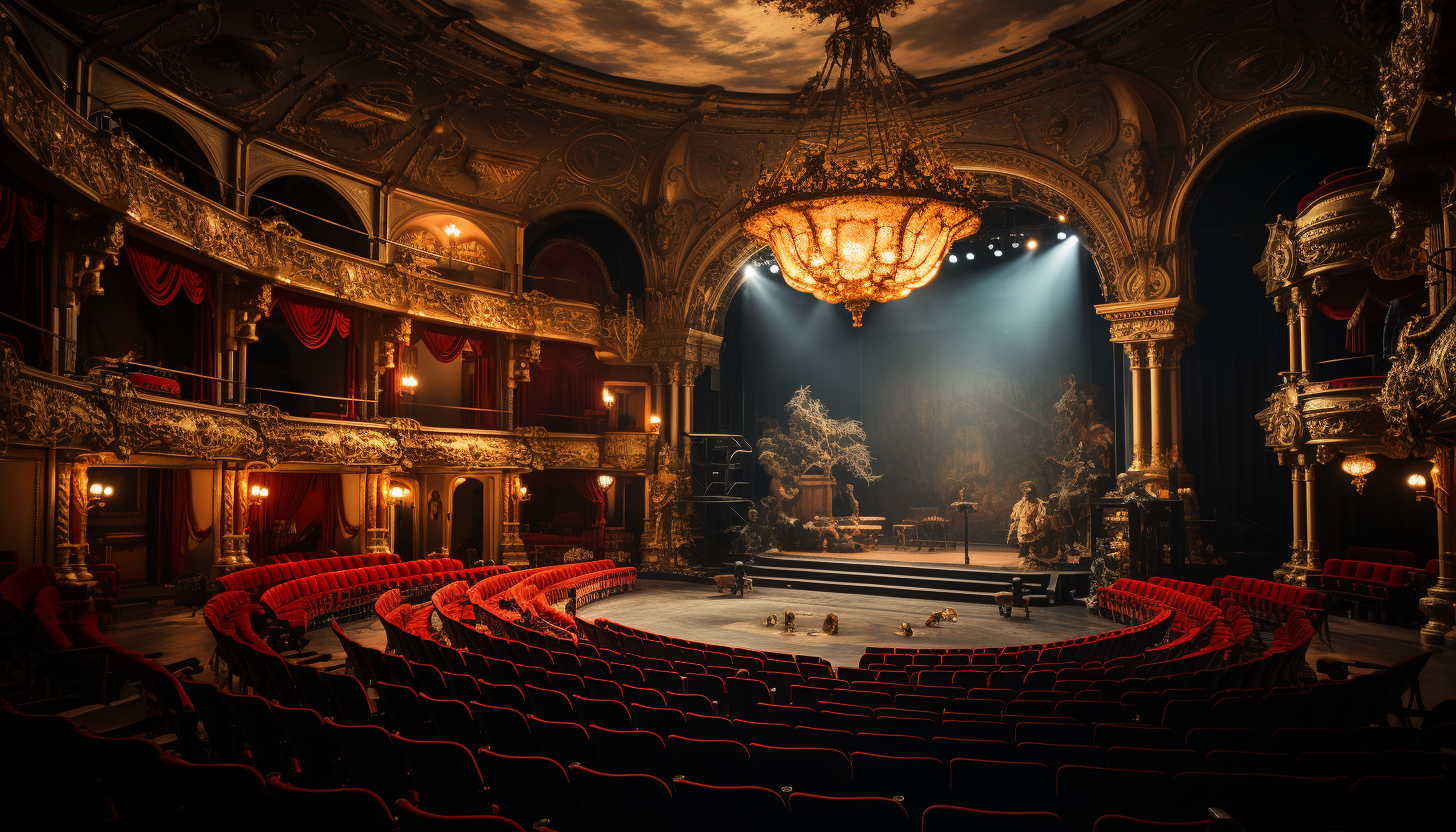 Grand opera house interior, with opulent gold and red décor, a grand chandelier, velvet curtains, and an audience in period attire.