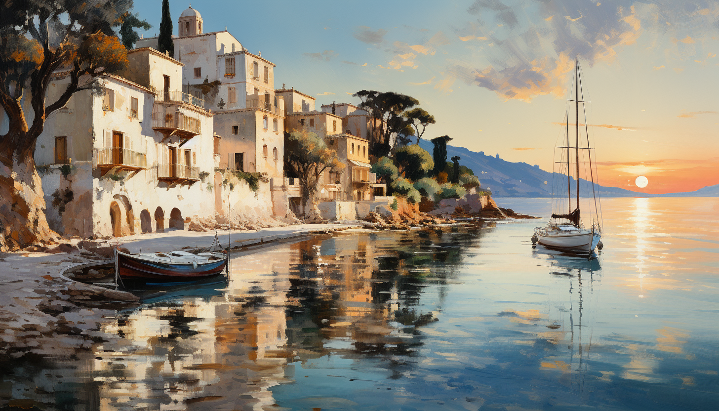 Mediterranean coastal village at sunset, with white-washed houses, blue-domed churches, terracotta rooftops, and sailboats in the harbor.