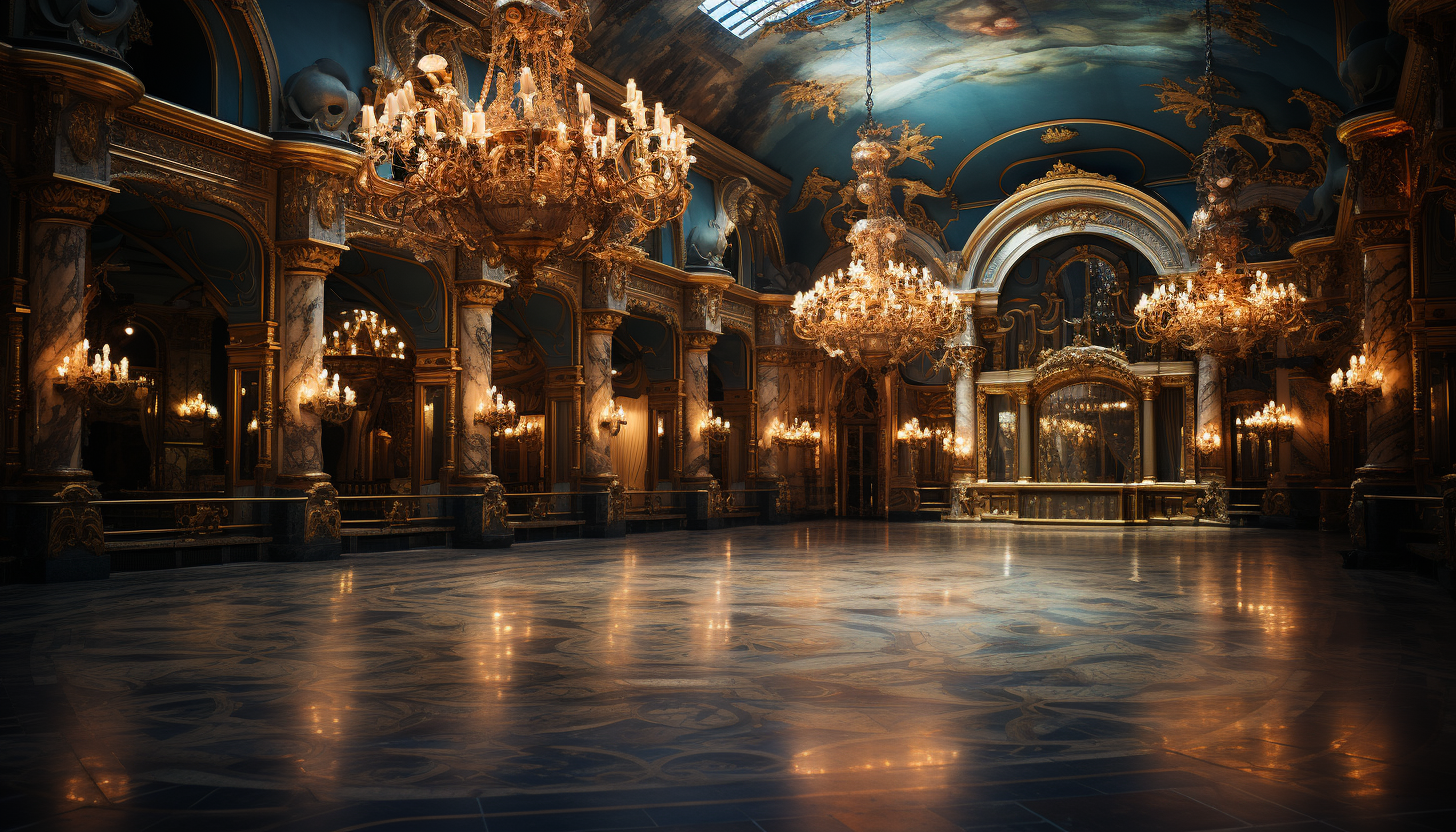 Lavish Renaissance ballroom, with elegant dancers, opulent chandeliers, and grand frescoes.