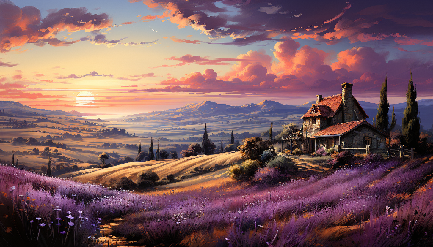 Lavender fields in Provence at sunrise, with a rustic farmhouse, hot air balloons in the sky, and distant rolling hills.