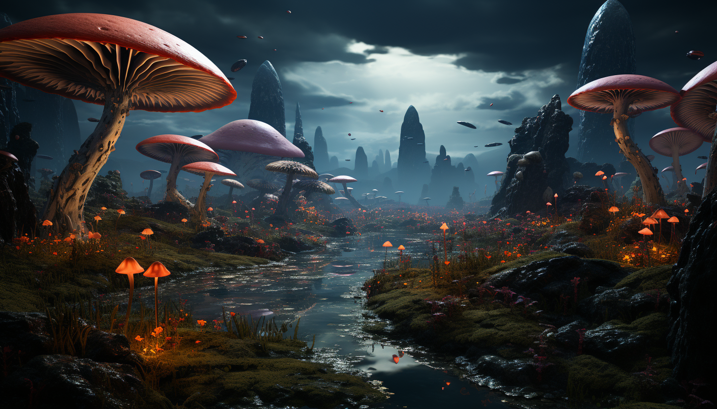 The surface of an alien planet, filled with otherworldly rock formations and unusual flora.