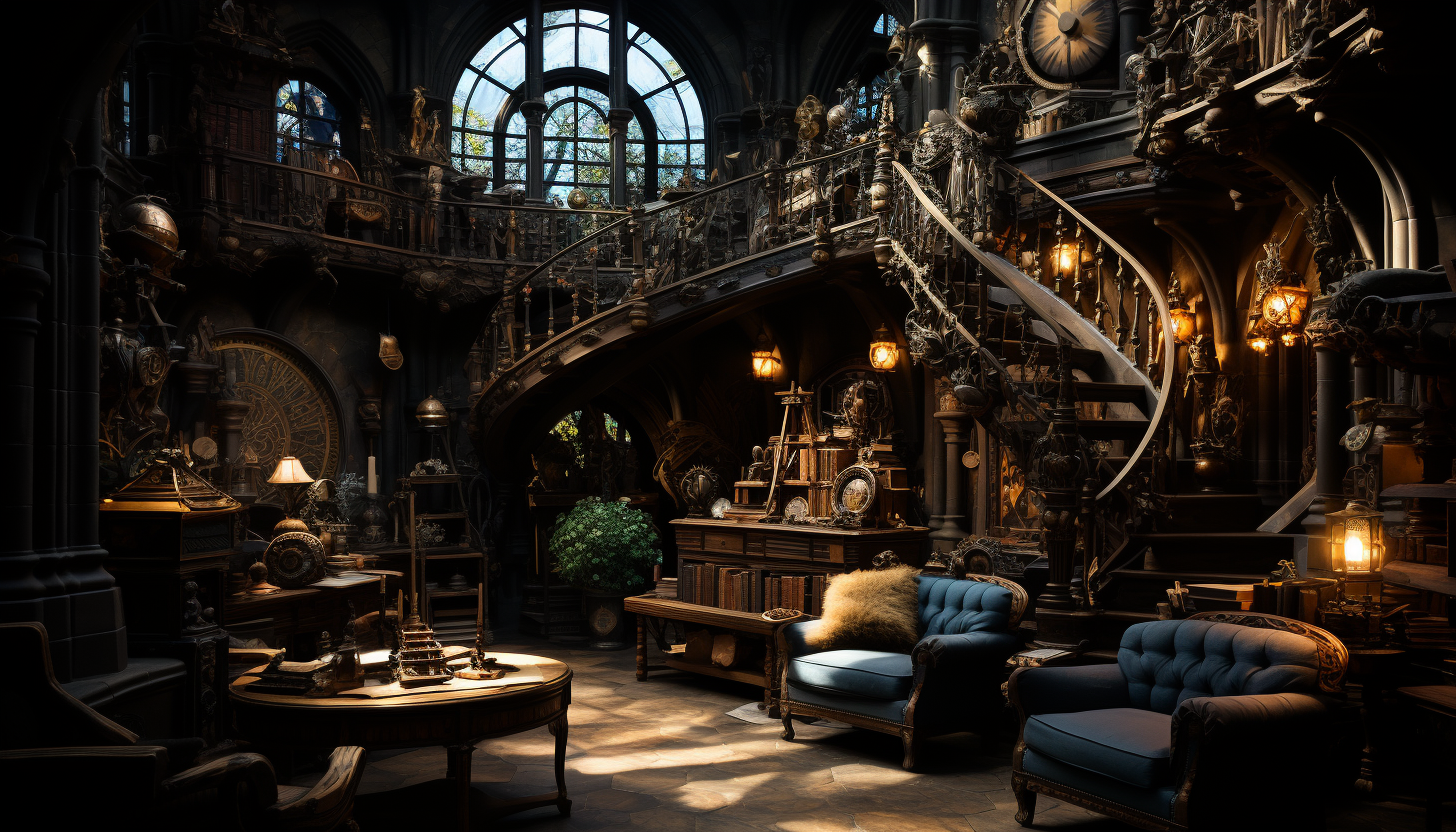 Ancient library with towering bookshelves, hidden alcoves, antique globes, and a grand spiral staircase leading to mysterious upper levels.