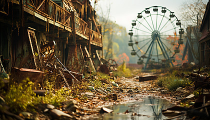 Abandoned amusement park reclaimed by nature, with overgrown roller coasters, a rusting Ferris wheel, and wild animals roaming.