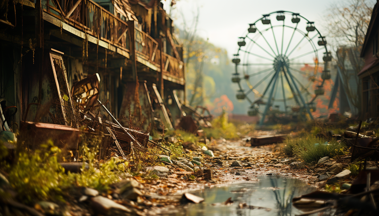 Abandoned amusement park reclaimed by nature, with overgrown roller coasters, a rusting Ferris wheel, and wild animals roaming.