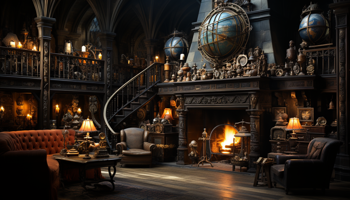 Old library with towering bookshelves, ladders, a grand fireplace, and a large globe in a dimly lit room.