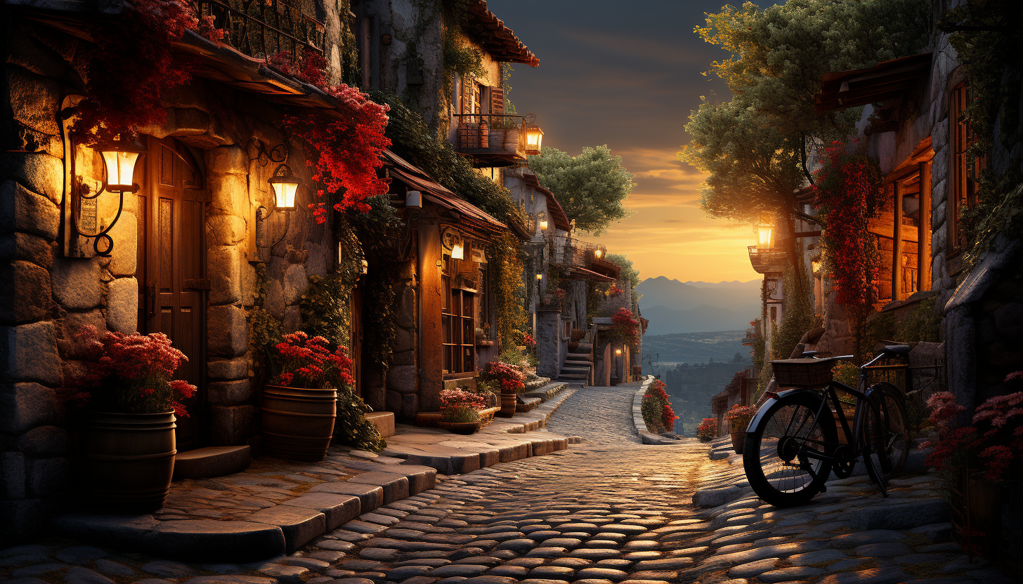 Quiet cobblestone alley in a Mediterranean village at sunset, with hanging flower baskets, bistro tables, and old bicycles.