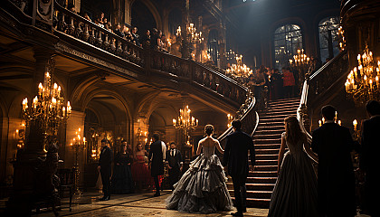 Grand ballroom from the Victorian era, with elegant dancers, opulent chandeliers, and a grand staircase.