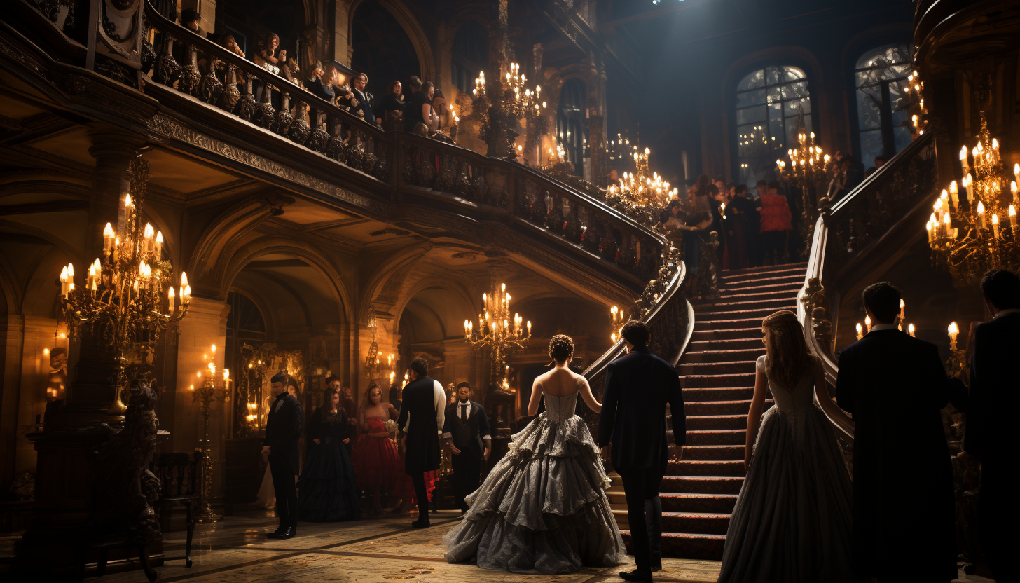 Grand ballroom from the Victorian era, with elegant dancers, opulent chandeliers, and a grand staircase.