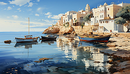 Grecian coastal village at dawn, with white and blue buildings, fishing boats bobbing in the harbor, and the sun rising over the Aegean Sea.