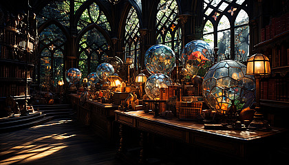 Ancient library filled with towering bookshelves, antique globes, secret passages, and a large stained-glass window casting colorful light.
