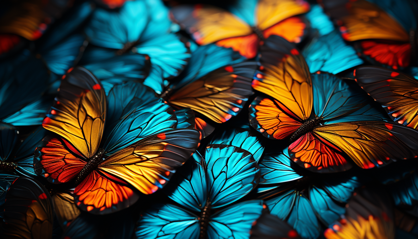 An extreme close-up of the vibrant patterns on a butterfly's wing.