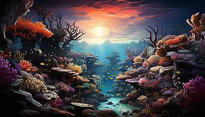 Vibrant coral garden underwater, teeming with colorful sea anemones, clownfish, a gentle sea turtle, and sunken treasure.