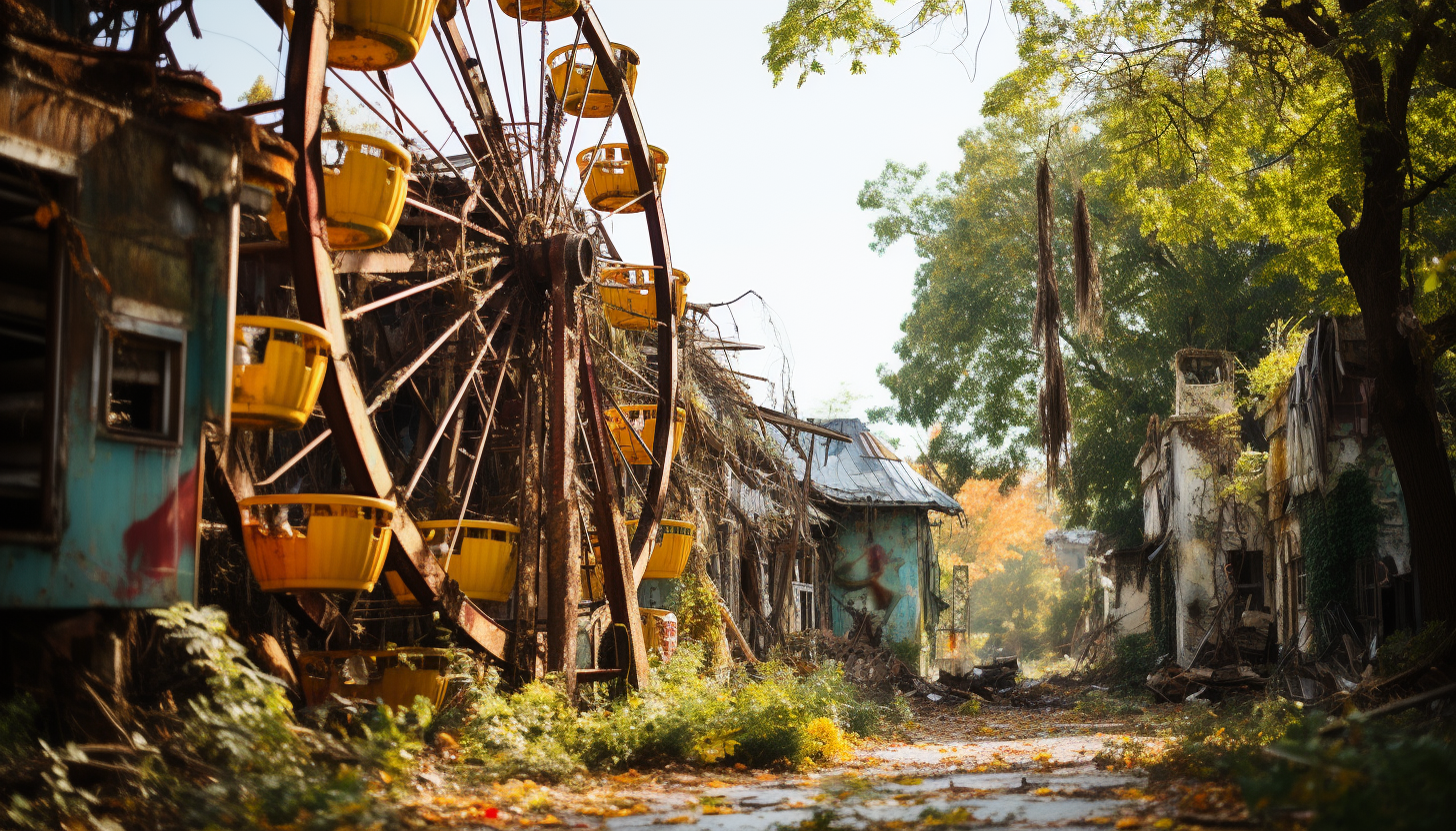 Abandoned amusement park reclaimed by nature, overgrown roller coasters, a rusty Ferris wheel, and wildflowers blooming among the rides.