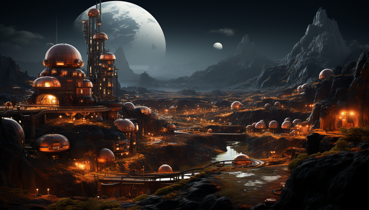 Futuristic Martian colony, with domed habitats, rovers traversing the red landscape, and Earth visible in the night sky.