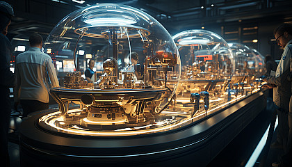 High-tech futuristic laboratory, with holographic displays, robotic arms, scientists in lab coats, and a central AI interface.