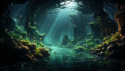 Undersea cave illuminated by bioluminescent algae, with diverse marine life, underwater stalactites, and a hidden treasure chest.