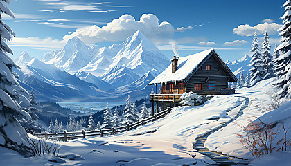 Cozy mountain cabin in winter, surrounded by snow-covered pine trees, with smoke rising from the chimney and a clear view of the snowy peaks.