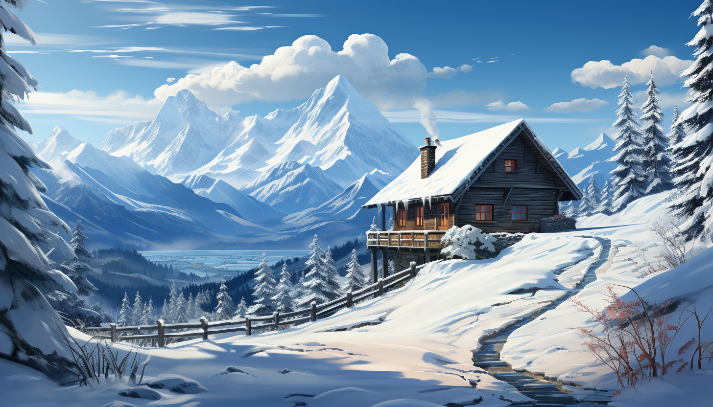 Cozy mountain cabin in winter, surrounded by snow-covered pine trees, with smoke rising from the chimney and a clear view of the snowy peaks.