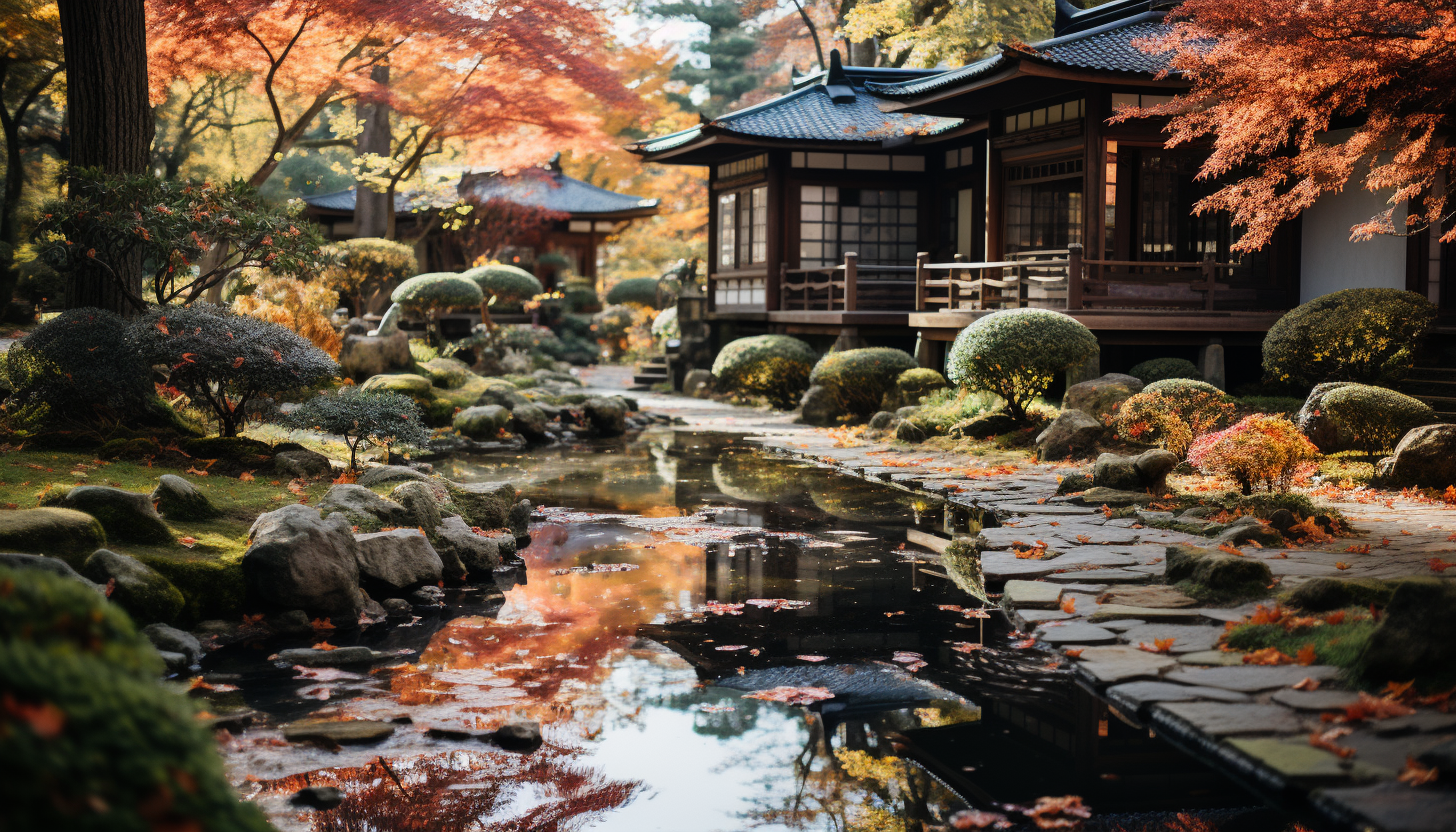 Tranquil Japanese tea garden in autumn, with a wooden teahouse, stone paths, maple trees in fall colors, and a gentle stream.