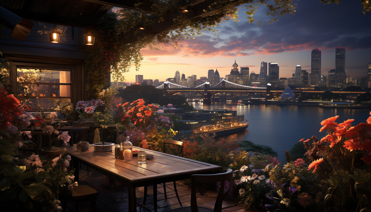 Rooftop garden in a modern city at sunset, with an array of flowers, a small pond, twinkling fairy lights, and skyscrapers in the background.