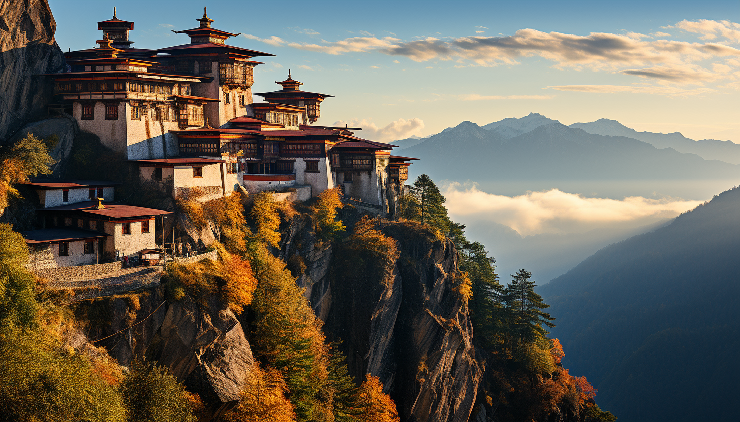 A peaceful mountain monastery, with monks in meditation, traditional architecture, prayer flags, and a panoramic mountain view.