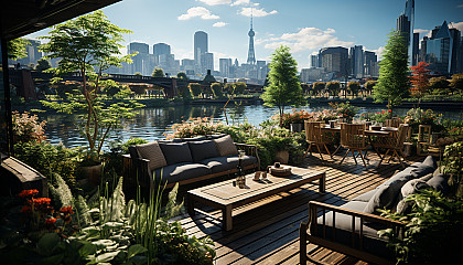 Rooftop garden in a modern city, with lush greenery, comfortable seating, skyscrapers in the background, and a small pond.