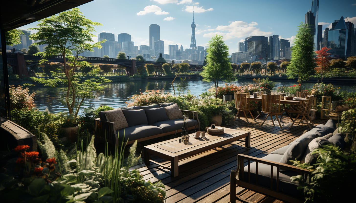 Rooftop garden in a modern city, with lush greenery, comfortable seating, skyscrapers in the background, and a small pond.