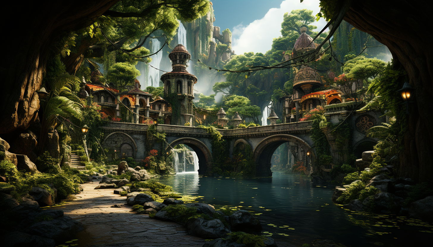 Lush tropical rainforest with a hidden waterfall, exotic birds, a suspended rope bridge, and ancient ruins peering through the foliage.