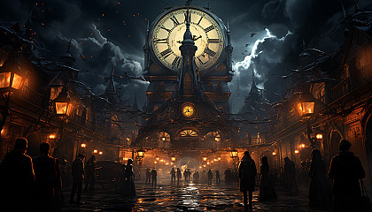 Victorian-era train station with steam locomotives, elegantly dressed passengers, vintage suitcases, and a grand clock.