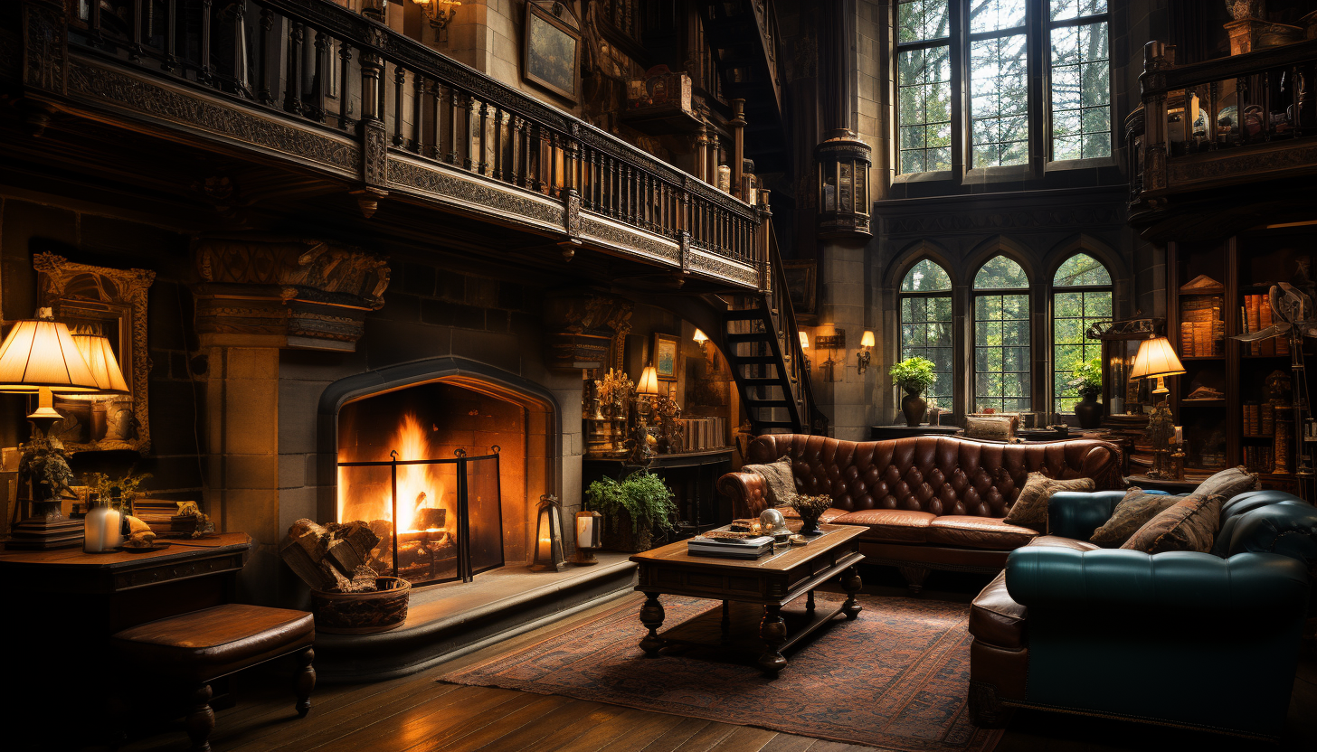 Grand library in a medieval castle, towering bookshelves, ancient tomes, stained glass windows, and a large fireplace with a crackling fire.