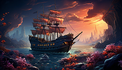 Undersea adventure with a sunken pirate ship, colorful coral gardens, schools of tropical fish, and a treasure chest emitting a mysterious glow.