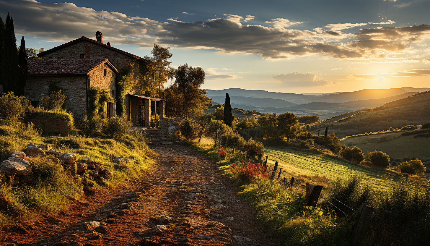 Lush vineyard landscape in Tuscany, rolling hills, rows of grapevines, a rustic stone farmhouse, and a setting sun in the background.