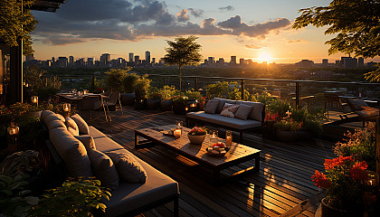 Lush rooftop garden in an urban setting, with a variety of plants, comfortable seating areas, and a skyline view at sunset.