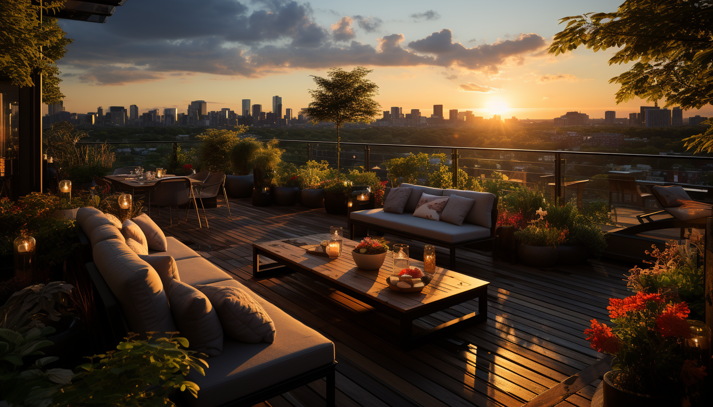 Lush rooftop garden in an urban setting, with a variety of plants, comfortable seating areas, and a skyline view at sunset.