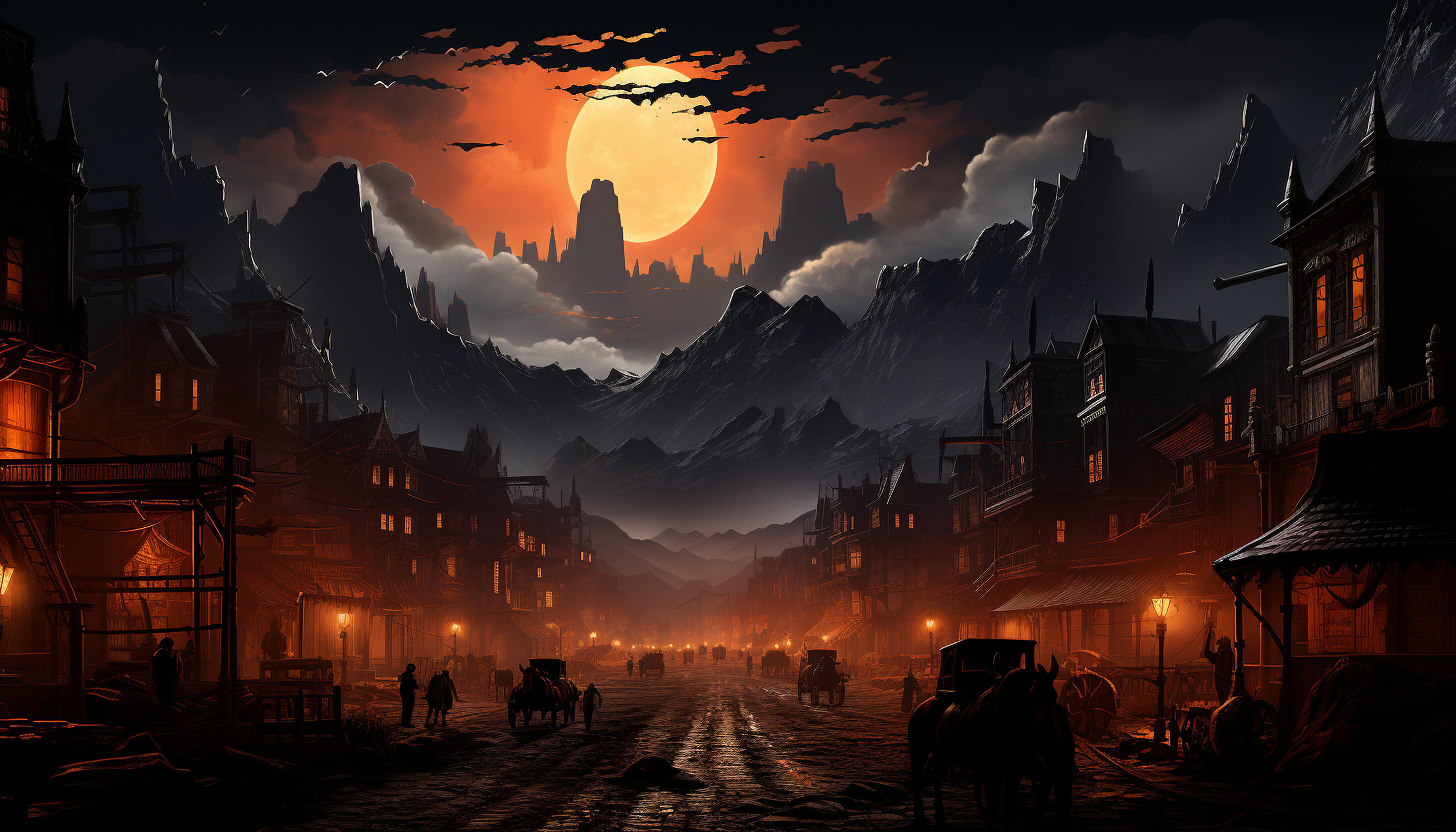 Old Western town in the dusk, with a saloon, horse-drawn carriages, dusty roads, and cowboys gathering around a fire.