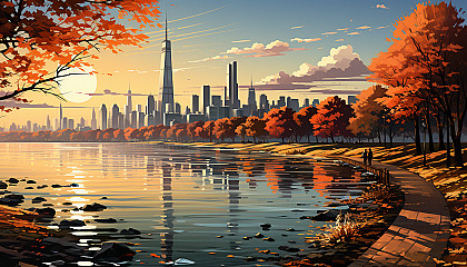 Modern city park in autumn, with skyscrapers in the background, people jogging and walking dogs, colorful leaves, and a serene lake.
