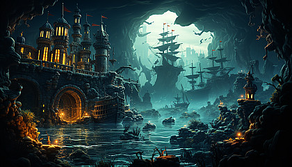 Deep sea exploration scene, with a submarine, bioluminescent sea creatures, ancient ruins on the ocean floor, and a hidden treasure chest.