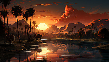 Desert oasis at sunset, featuring palm trees, a tranquil pond, sand dunes in the background, and camels resting nearby.