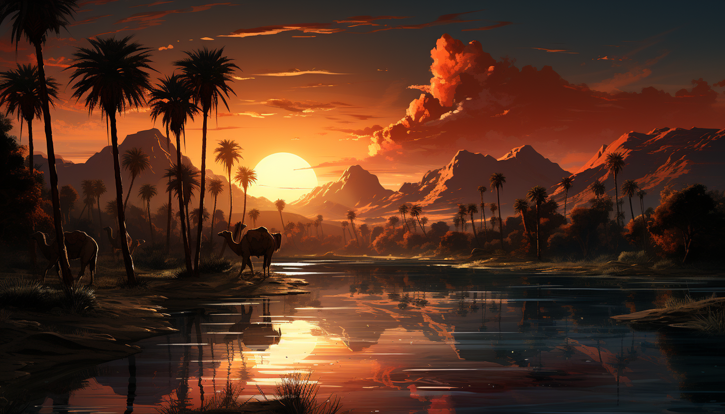 Desert oasis at sunset, featuring palm trees, a tranquil pond, sand dunes in the background, and camels resting nearby.