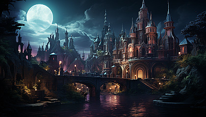 A mystical underwater city with ancient ruins, bioluminescent marine life, merfolk, and sunken treasures glowing in the depths.