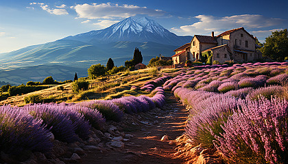 Lavender fields in Provence, with rows of purple flowers, a quaint farmhouse, and distant mountains under a clear blue sky.