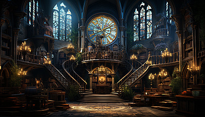 Ancient library filled with towering bookshelves, spiral staircases, mystical artifacts, and soft light filtering through stained glass windows.