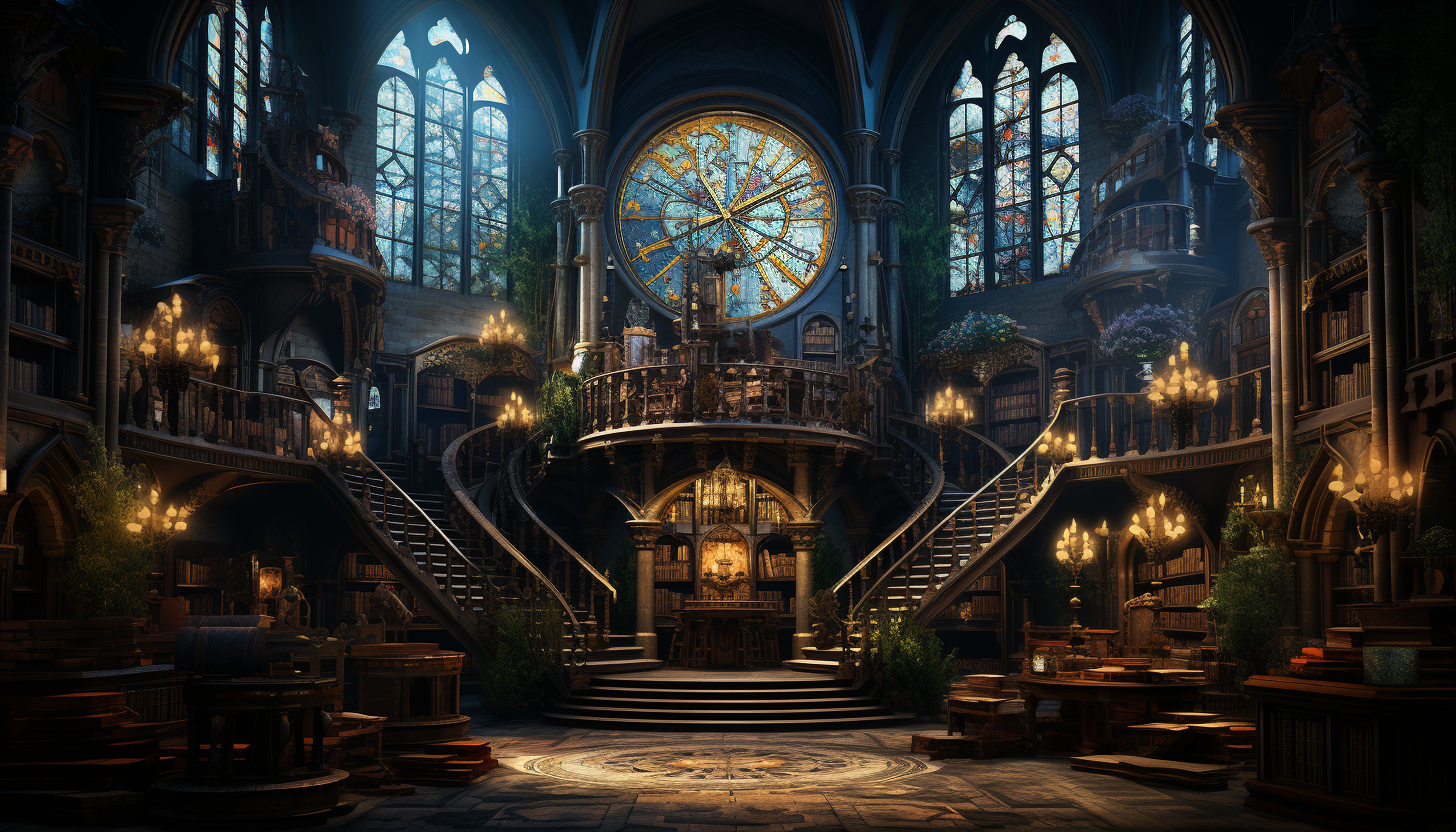 Ancient library filled with towering bookshelves, spiral staircases, mystical artifacts, and soft light filtering through stained glass windows.